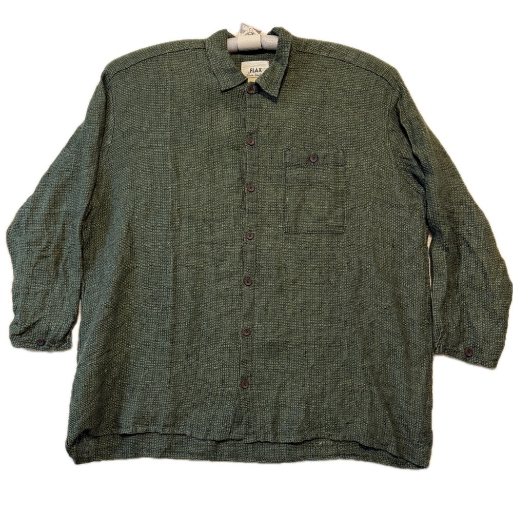 FLAX Shirt Women XL Smoked Sage Green Linen Textured Button Down Pocket